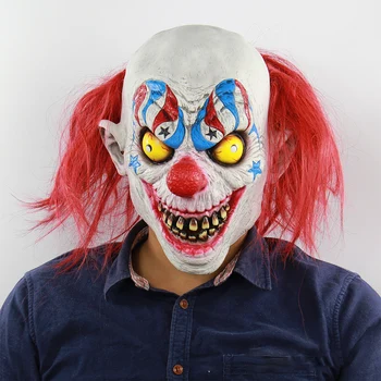 

Halloween Latex Full Face Mask Joker Cosplay Horror Scary Clown Mask with Red Hair Wig Funny Intimidating Party Costume