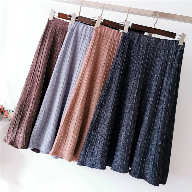 

2019 Autumn And Winter New Style Korean-style Sweet Mid-length Fat Mm 200 Slimming A- line Skirt High-waisted Knitted Skirt