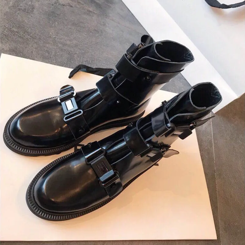 Женские мотоциклетные ботинки в стиле панк-рок; zapatos De Mujer; черные женские ботильоны с пряжкой и ремешком; женская обувь на плоской платформе с круглым носком - Цвет: as shown