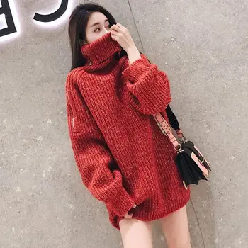 

red turtleneck womens 2019 winter new solid lantern sleeved loose thicken warm lady elegant pullovers outwear coat tops