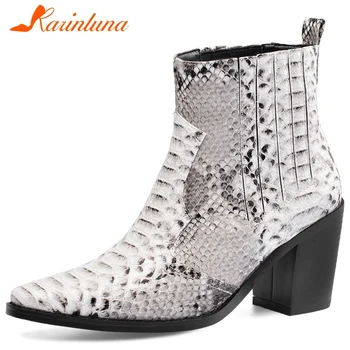

KARINLUNA Big Size 33-43 Ladies Genuine Leather Boots Pointed Toe Thick High Heels Boots Women 2020 Fashion Shoes Woman