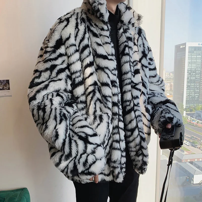 Male Leopard Print Faux Fur Coat Casual Loose Retro Furry Zipper Jacket Charming Lapel Streetwear Winter Warm Pockets Parka