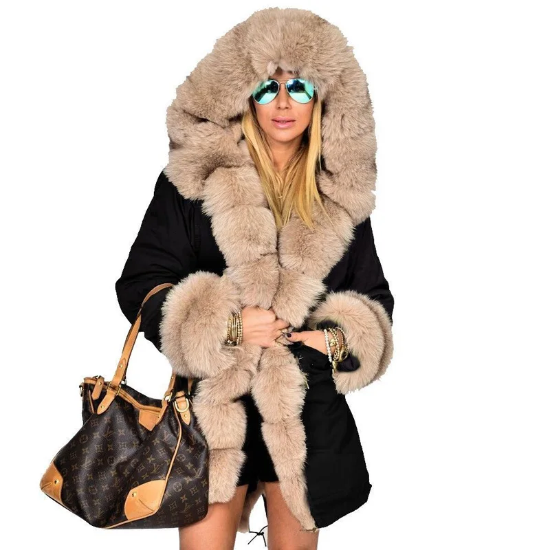 Женское пальто из искусственного меха размера плюс, теплая парка, женские толстые меховые пальто в стиле милитари, женская зимняя куртка, пальто с капюшоном, пальто, хлопковые парки - Цвет: BlackYellow