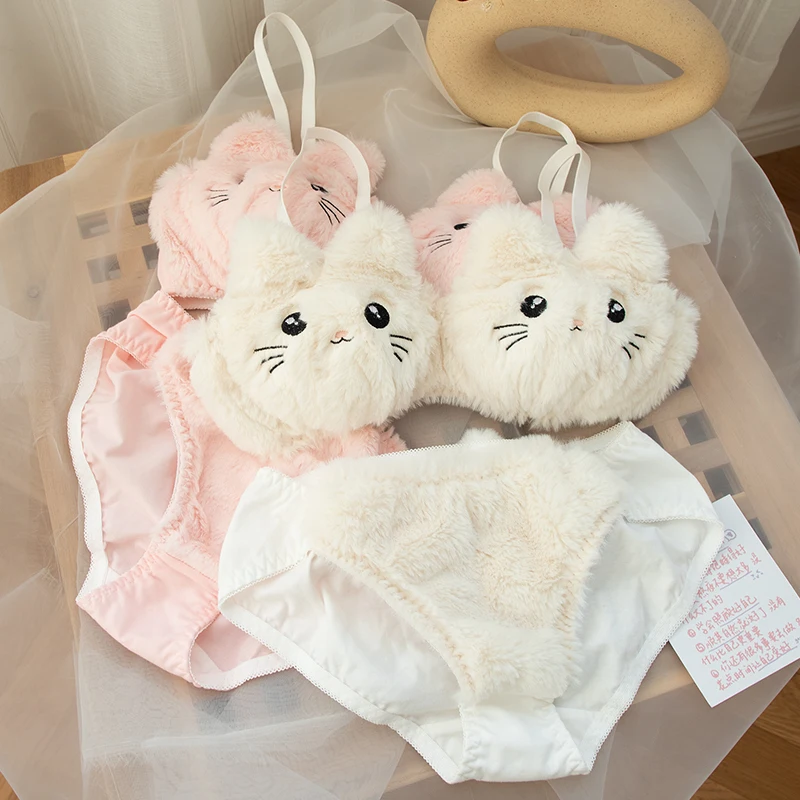 Japanese Cute Pink Plush Cat Embroidery No Steel Ring Bra Set – Sofyee