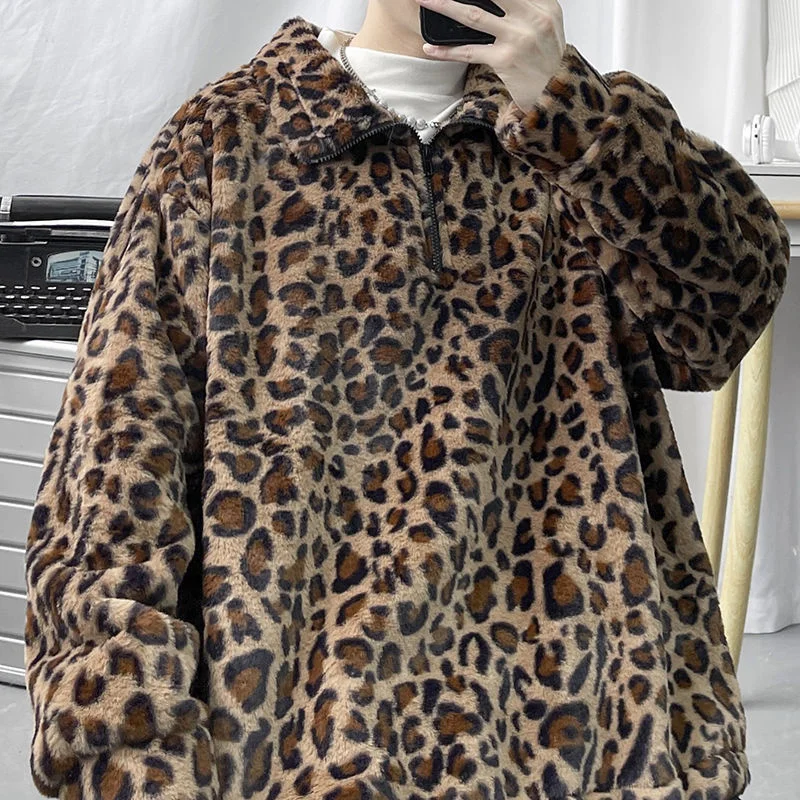 

2021 Winter Men's Cotton Casual Lapel Collar Hoodies Leopard Printing Zipper Pullover Plush Coats Oversized Sweatshirts M-2XL