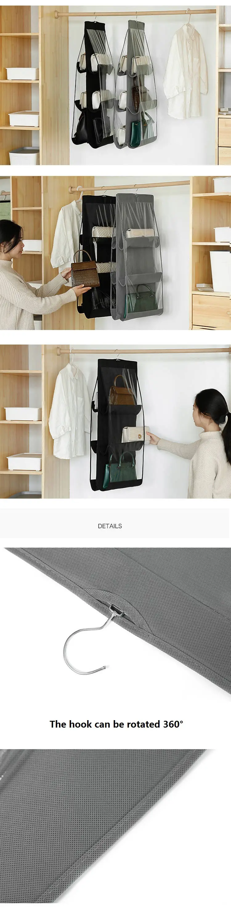 6 Pockets Hanging Purse Organizer Dustproof Transparent PVC Windows Hanging Bag Wardrobe Closet Handbag Hanger Home Storage Bag