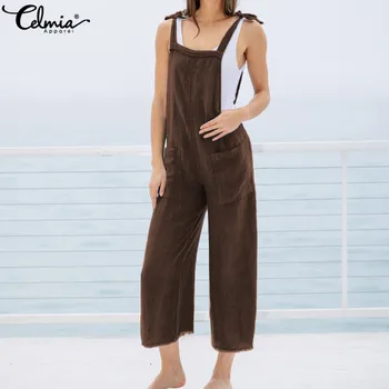 

Celmia 2020 Summer Jumpsuits Sleeveless Long Rompers Casual Cotton Playsuits Loose Backless Strappy Plus Size Bib Overalls 5XL