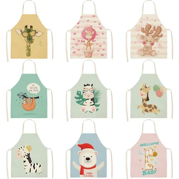 

Parent-child Kitchen Apron Cartoon Giraffe/Bear/Deer Printed Sleeveless Cotton Linen Aprons for Kids Women Home Cleaning Tools