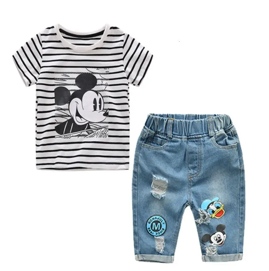Комплекты одежды для мальчиков летняя футболка в полоску с рисунком для маленьких мальчиков+ джинсовые шорты комплекты из 2 предметов детская джинсовая одежда с дырками