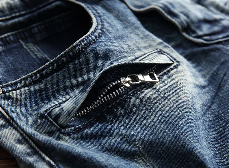 Мужские плиссированные джинсы для байкеров, брюки Slim Fit, брендовые дизайнерские мотоциклетные джинсовые брюки для мужчин, прямые, Промытые, на молнии