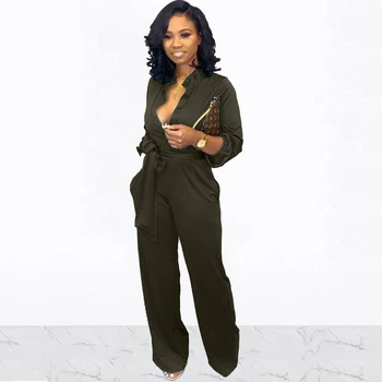 

Women Casual Solid Wide Leg Jumpsuits Turn-Down Collar Long Sleeve Buttons Tracksuits Elegant Office Lady Rompers With Sashes