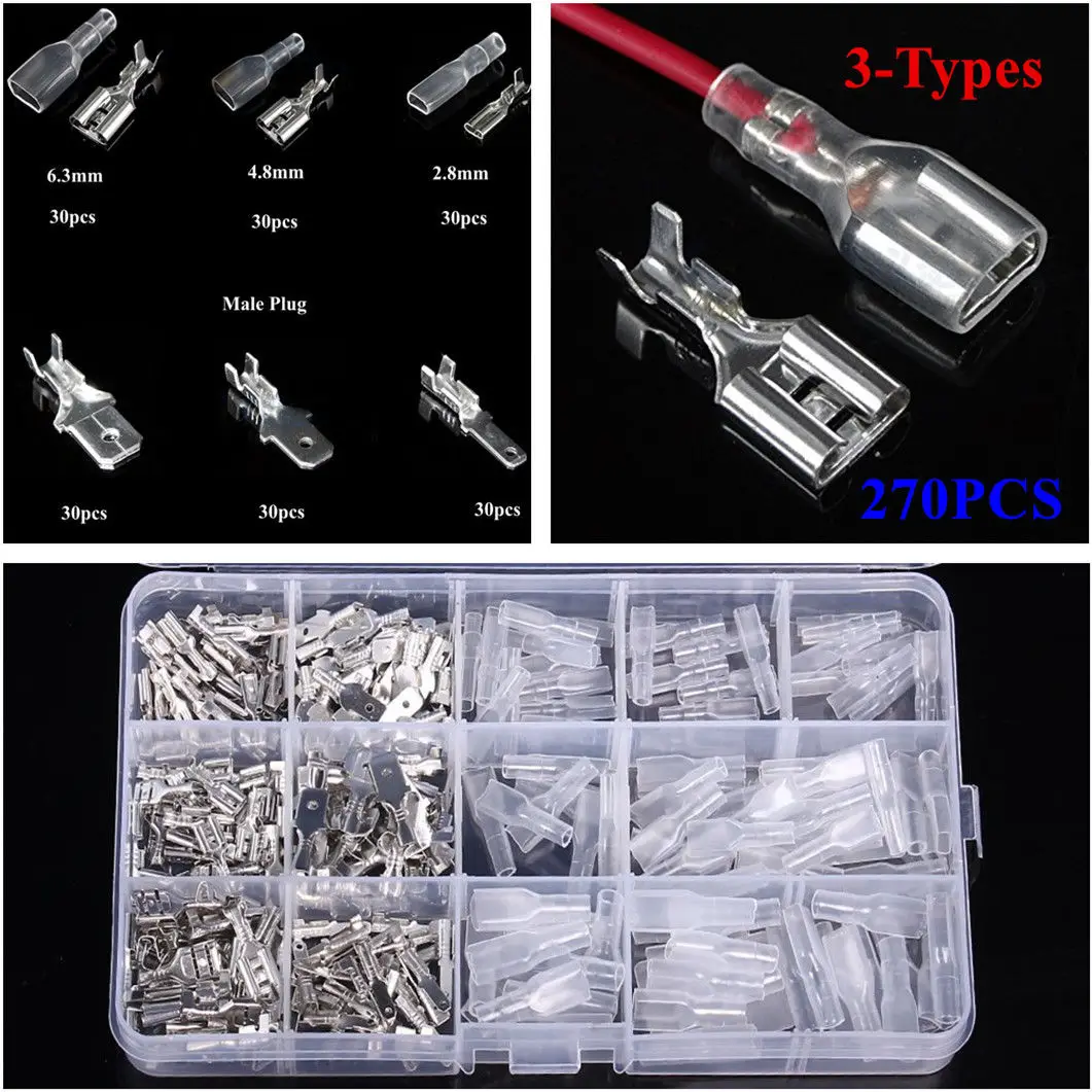 270Pcs Female Male Spade Connectors Wire Crimp Terminals Set 2.8mm/4.8mm/6.3mm