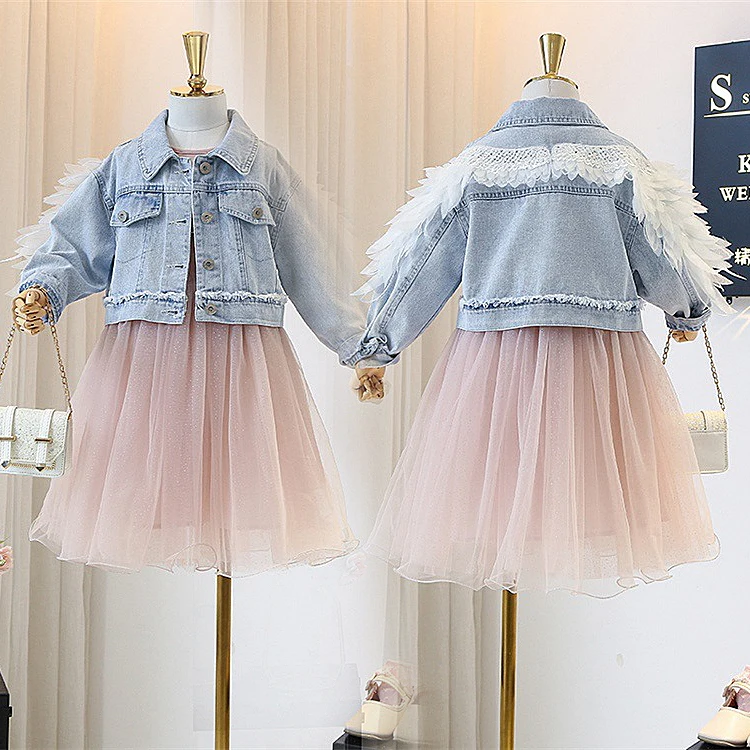 

5590 Wing Embroidery Princess 2020 New Spring Easter Day Baby Girl Clothing Set Outwear Top Jacket coat +Dress Wholesale Clothes