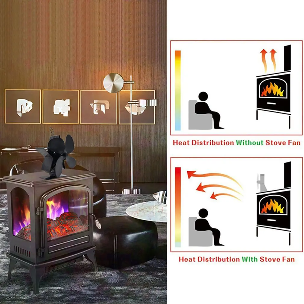 Hot Black Fireplace 4 Blades Heat Powered Stove Fan Log Wood Burner Quiet Home Fireplace Fan Efficient Heat Distribution
