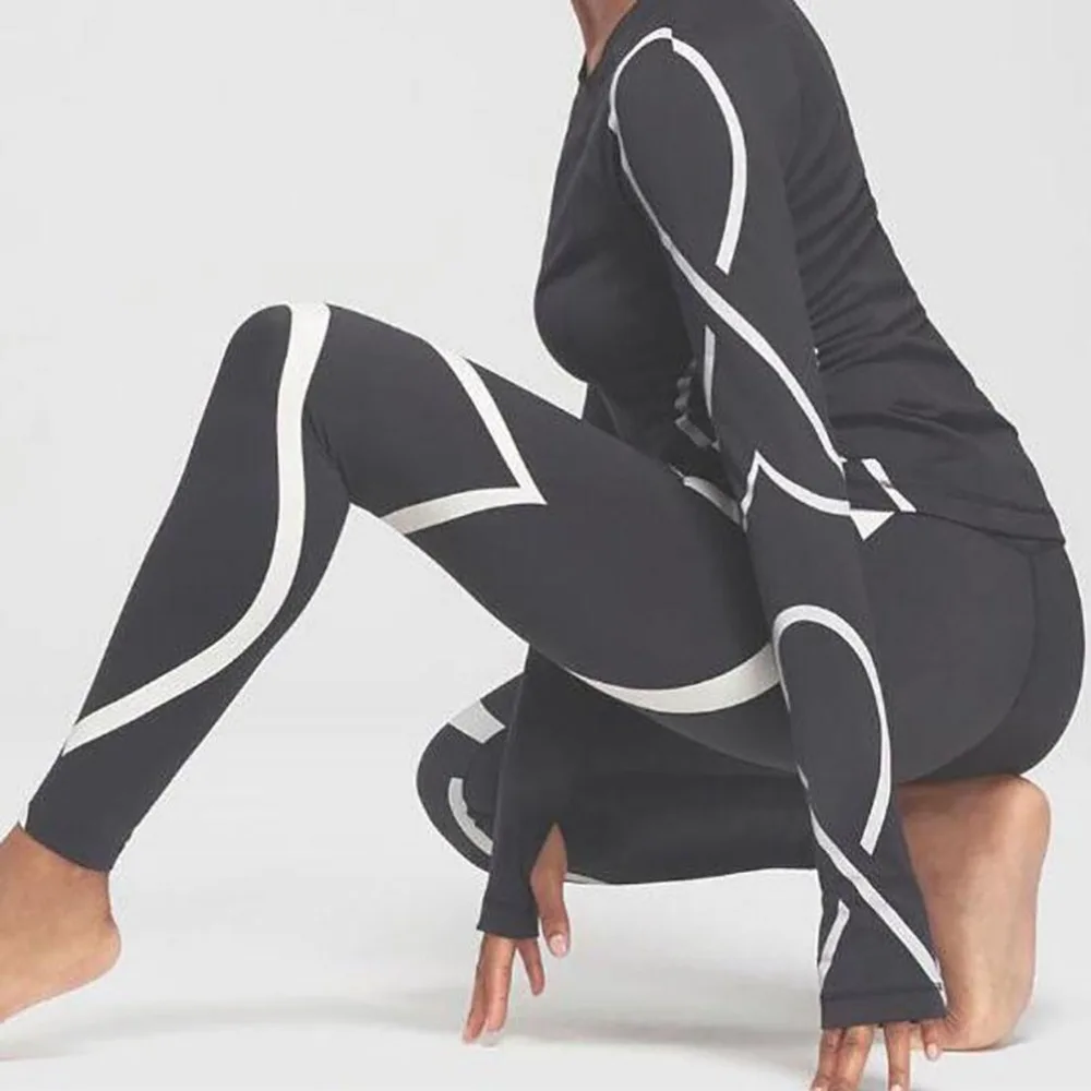 Белые полосы печати черные леггинсы для женщин Эластичность Высокая талия брюки для фитнеса, тренировки леггинсы обтягивающие эластичные брюки