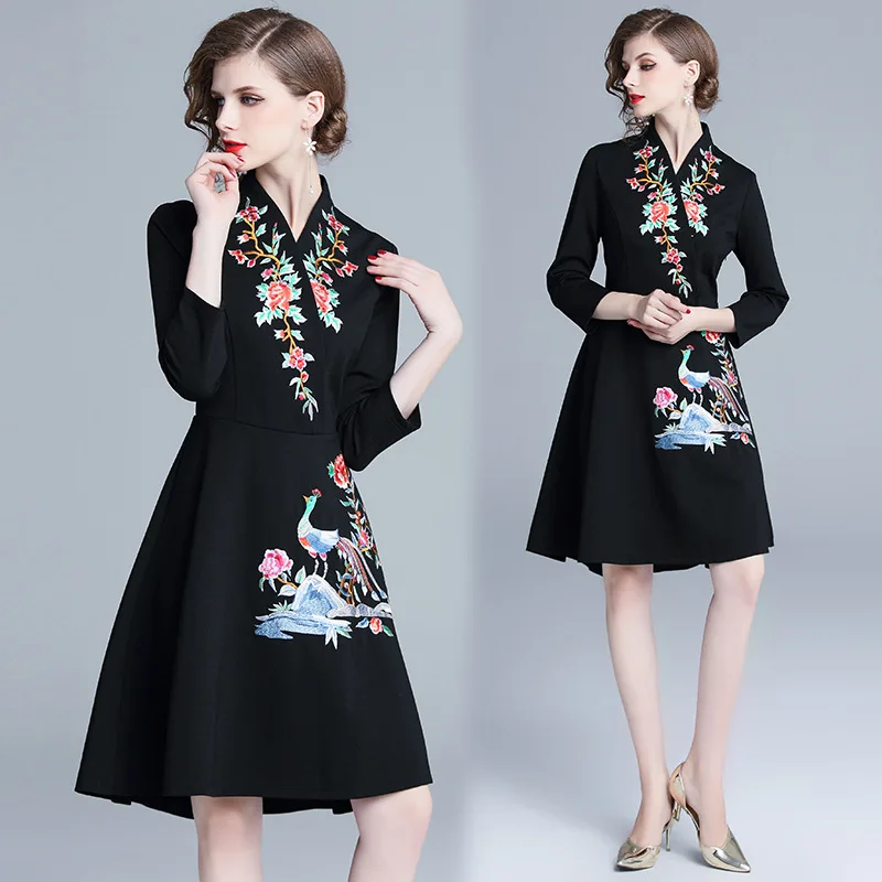 

2018 New Style Autumn And Winter Retro WOMEN'S Dress Nation Chinese-style Machine Embroidery Large Size Slim Fit Slimming