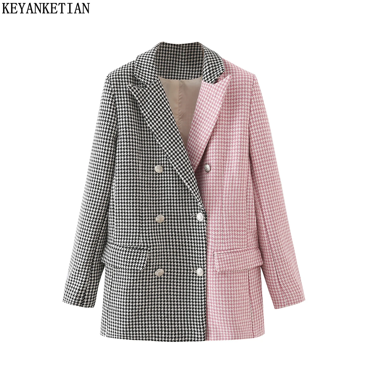 

Осенняя новинка от KEYANKETIAN, женский шерстяной тканый пиджак в клетку с металлической пряжкой