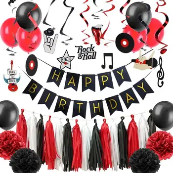 

11pcs Rock n Roll Party Decorations Set Music Hanging Swirl Decoration Paper Flowers Tassel Garland Balloons Kids Birthday Party