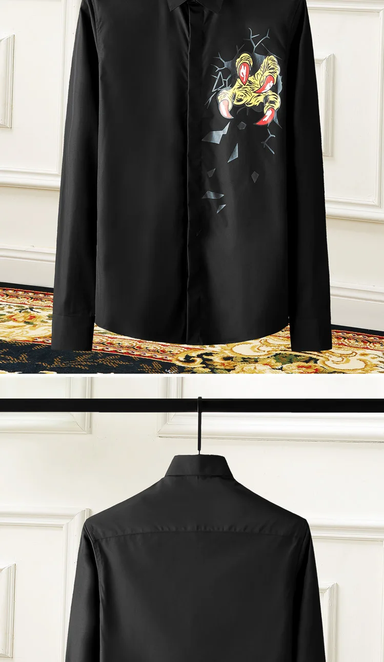 Уникальная мужская рубашка с принтом, с длинными рукавами, тонкая, Chemise homme, черные, белые, очаровательные повседневные мужские рубашки, рабочая одежда, мужская одежда, Camisas