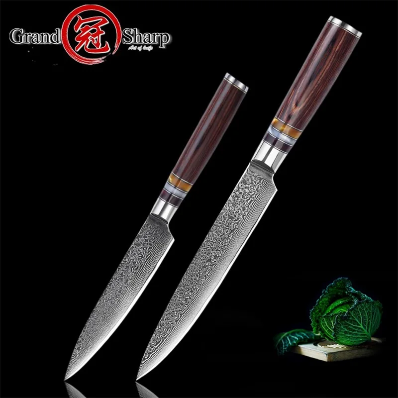 

GRANDSHARP Damascus Knife Sets 2Pcs Kitchen Knife Set Slicing Utility Knives Japanese Damascus VG10 Steel Salmon Sushi Tools