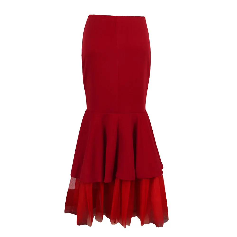 red BKLD XL-5XL, модные длинные юбки с оборками, элегантные женские осенние облегающие сексуальные юбки с высокой талией в стиле пэчворк, сетчатые вечерние юбки в стиле русалки - Цвет: red