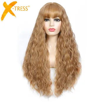 

X-TRESS Light Brown Colored Synthetic Hair Wig For Women Machine Made Long Curly Wig With Bangs Fluffy Soft Hair Heat Resistant