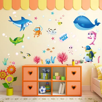 

New DAVEVY Wall Stickers Multicolored Dolphins Art Decal Mural Children Bedroom Decorated Marine World Waterproof Coral Applique
