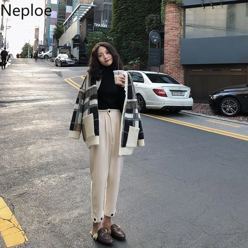 Neploe/Винтажный вязаный кардиган для женщин; Свободный Повседневный стиль; лоскутный клетчатый свитер; пальто с v-образным вырезом; длинный рукав; контрастный цвет; 46758