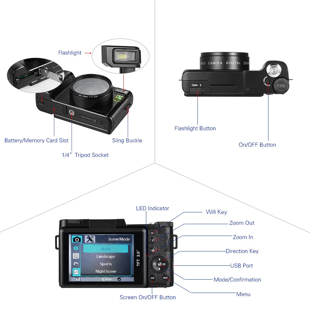 Andoer Full HD 24MP цифровая камера видеокамера 2,7 K 3," вращающийся TFT экран 4X цифровой WiFi подключение выдвижной фонарик