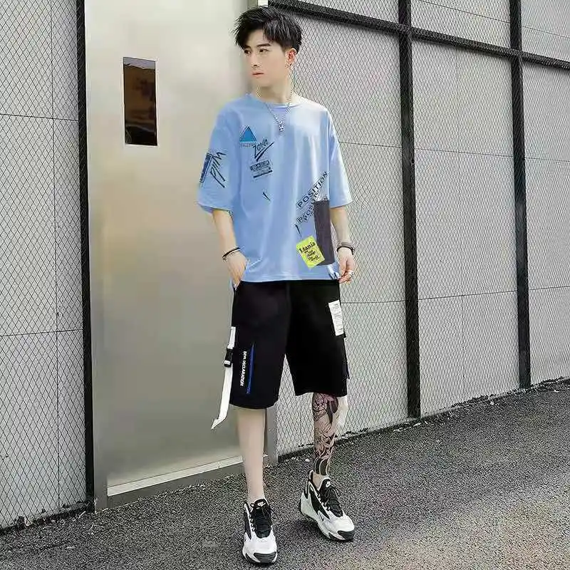 

Футболка и шорты мужские с коротким рукавом, повседневный спортивный костюм-карго, уличная одежда, комплект из 2 предметов, лето
