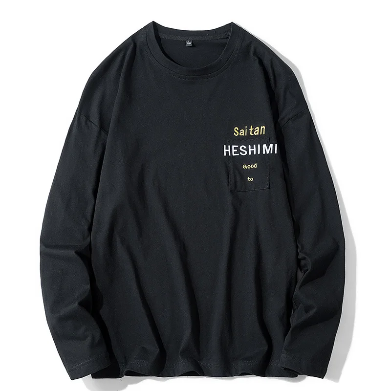 2019 new spring autumn Long-sleeved t-shirt men's trend tide brand clothes round neck Thin shirt tops Chinese Style Black