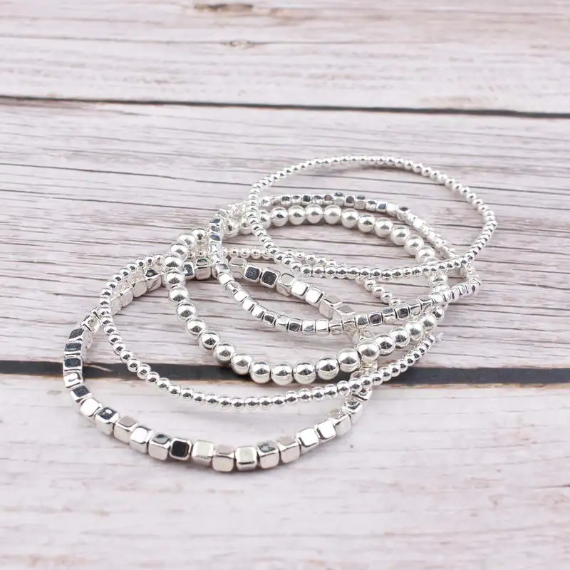 Beaded Bracelet Sets Gold Filled Beads Pearl Charm Elastic Bangles for Women Silver Color Mini Cube 5 PCS/Set