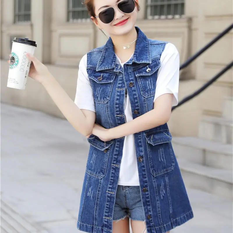 

6xl 2020 New Autumn Women Denim Casual Vest Fashion Hole Denim Vests Jeans Jacket Long Sleeveless Cardigans Coat