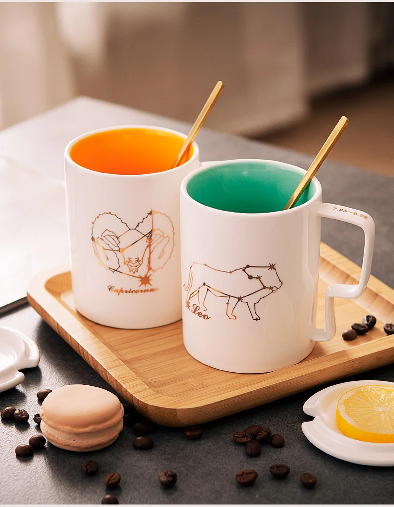 OUSSIRRO Natural Marble 12 Constellation Ceramic Pink Zodiac Mug with lid Coffee Mugs Creative Personality Cup 400ml Lead-Free | Дом и сад