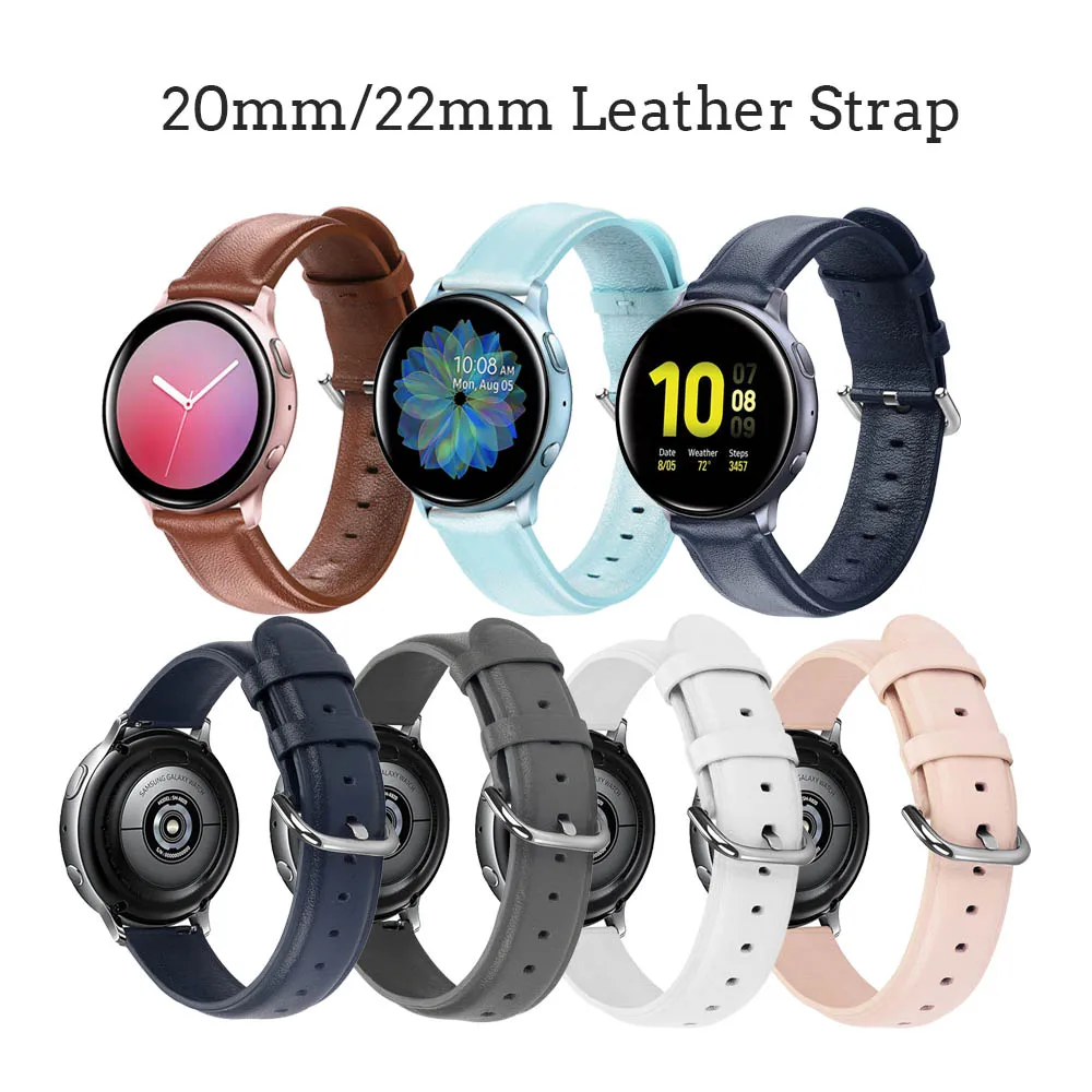 Ремешок кожаный для Galaxy Watch Active 2 40 мм 44 браслет Amazfit Bip Huawei GT 46 20 22