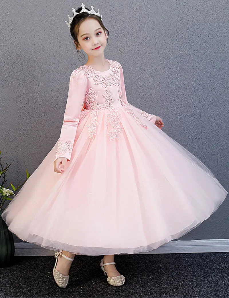 Зимнее элегантное кружевное платье принцессы с вышивкой и жемчугом; вечерние платья с бантом для девочек; вечернее платье для выступлений; костюм для девочек