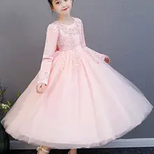 Зимнее элегантное кружевное платье принцессы с вышивкой и жемчугом; вечерние платья с бантом для девочек; вечернее платье для выступлений; костюм для девочек