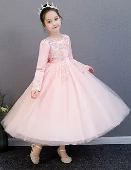 

Winter Elegant Pearl Embroidery Lace Princess Kid Dress Bow Show Girl Party Dress Performance Piano Evening Dress Girls Costume