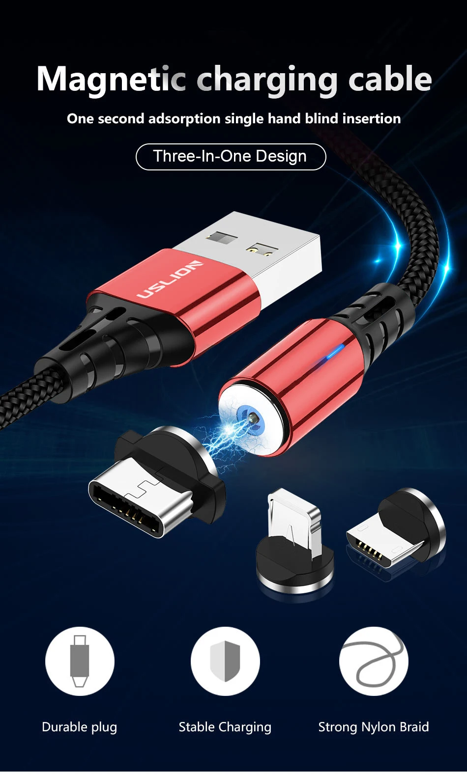 USLION Магнитный кабель USB type C кабель для samsung S10 металлический Магнитный зарядный Micro USB кабель для Xiaomi Быстрая зарядка для iPhone