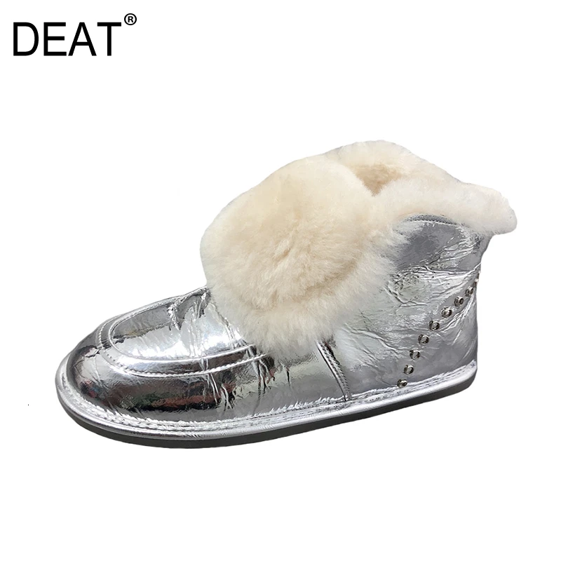 [DEAT] Round Toe Casual Lamswool Fur Spliced Pu Leather Velvet Women Short Boots New Autumn Winter Fashion Tide 19I-a180