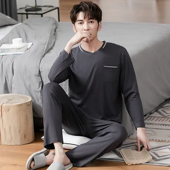 

Modal Men's Pajamas Long Sleeve Thin Type for Spring and Autumn Suit Leisure Tops Plus Size Men's Homewear Home Suit Sleepwear