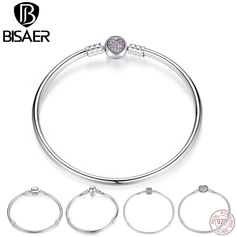

BISAER Authentic 100% 925 Sterling Silver Snake Bracelet Chain Heart Bangle & Bracelet Luxury Jewelry