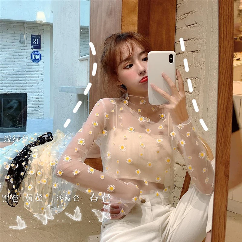 See Through Small chrysanthemum Mesh Gauze Tops Long Sleeve Transparent Sun Protection Ladies Turtleneck summer T-Shirt Top