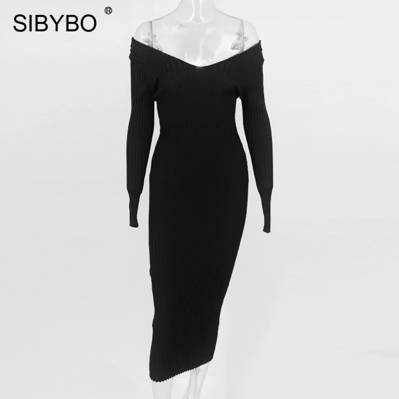 SIBYBO, зимнее трикотажное хлопковое платье в рубчик, женское сексуальное облегающее платье с открытыми плечами и длинным рукавом, однотонные вечерние платья с открытой спиной