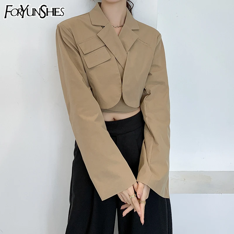 FORYUNSHES Women Lace Up Chic Blazers Coat Long Flare Sleeve Notched Collar Crop Tops 2020 Fashion New Slim Short Femme Clothes
