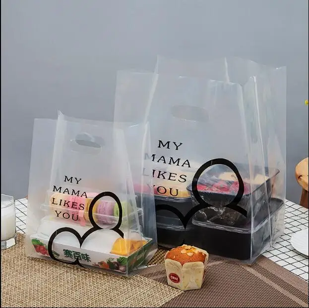 50pcs/pack Clear Food Packing Bag Coffee Shop Plastic Bag With Handle