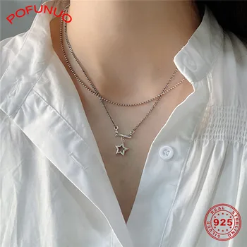 

POFUNUO 925 Sterling Silver Simple Design Double Layer Ball Chain Necklace Women Star Pendant Female Fine Jewelry Necklace Gifts