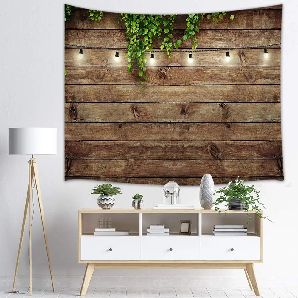 Vintage Wooden Board Tapestry Wall Hanging Art Green Leaves on Wood Wall Blanket Home Decor