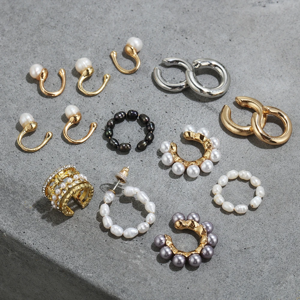 Pendientes de perlas naturales de CZ de ancho multicapa, sin agujero, de un solo oído, con pentagrama, diamantes de imitación, sin Clip de perforación, joyería