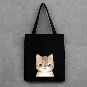

Women Men Canvas Shopping Bag Cartoon Cat Printed Shoulder Bags Girls Casual Big Capacity Tote Handbags Black White